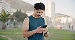 Fitness, outdoor and man with smartphone, smile and digital app to track progress. Person, training and athlete in city, cellphone and internet for social media, connection and message to contact
