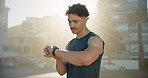 Man, fitness and checking with watch in city for performance, tracking steps or calories. Active, male person or runner with wristwatch or training app for heart rate, exercise or workout progress