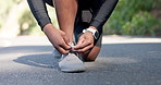 Tie laces, shoes and fitness with runner outdoor for workout, start and wellness challenge. Health, exercise and ready with hands of person and sneakers in street for running, training and sports