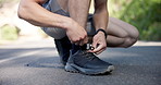 Tie laces, shoes and workout with runner outdoor for fitness, start and wellness challenge. Health, exercise and ready with hands of person and sneakers in street for running, training and sports