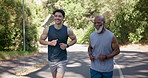 Running, partner and fitness with men outdoor for performance, cardio challenge and health. Workout, wellness and runner exercise with people in nature for stamina training, sports and athlete