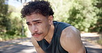 Fitness, tired or man outdoor with sweat, cardio challenge or breathing break in intense practice. Tired, rest or athlete in park with exercise, running fatigue or recovery for performance goals.