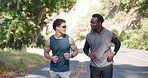 Fitness, friends or men on road with running, exercise or support in cardio workout. Energy, wellness challenge or people outdoor with jog, training together or marathon motivation for sports goal.