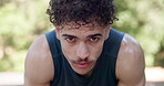 Fitness, face or man in park with rest, cardio challenge or breathing break in intense practice. Tired, portrait or athlete in nature with exercise, training fatigue or recovery for performance goals
