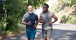 Running, partner and health with black men outdoor for performance, cardio challenge and fitness. Workout, wellness and runner exercise with people in nature for stamina training, sports and athlete