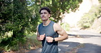 Running, health and fitness with man outdoor for performance, cardio challenge and endurance . Workout, wellness and runner exercise with person in nature for stamina training, sports and athlete