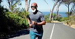 Running, sunglasses and health with black man outdoor for performance, cardio challenge and endurance. Workout, vision protection and exercise with mature person for training, sports and athlete