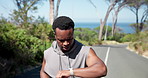 Running, smart watch and fitness with black man outdoor for performance tracking, cardio stats and endurance. Workout, step count and exercise with person for stamina training, sports and athlete
