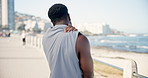 Back, man outdoor and neck pain from fitness challenge, difficult exercise and muscle inflammation. Active, person or athlete on promenade with discomfort, strain or medical issue from sports injury.