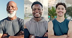 Face, outdoor and happy men with fitness, collage and exercise with arms crossed, pride and wellness. Nature, smile and healthy people with confidence, workout routine and training with about us