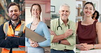 People, variety and montage with career, face and smile with engineering, fitness or pride for diversity. Happy man, women and job with doctor, yoga teacher or technician with confidence in portrait