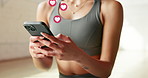 Hands, phone and overlay with heart sign, texting and happy with chat for online dating at gym. Person, smartphone and typing with emoji, icon or symbol on mobile app for fitness with social media