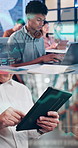 People, tablet and overlay with montage, graphs, laptop and career variety with hologram display. Hands, scroll and review with futuristic tech with app, notebook or 3D ux with charts for logistics