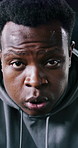 Tired, sweating and fitness with face of black man in gym for intense workout, cardio fatigue and recovery. Exercise burnout, exhaustion and health with person in sports center for training break