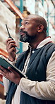 Logistics, radio or black man in warehouse with tablet, stock or inventory management of shipment. Distribution, export or mature employee with tech, order track or cargo checklist in supply chain.