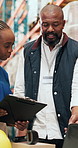 Clipboard, discussion and logistics employees in warehouse with information for shipping, cargo or freight. Checklist, manager and supply chain team with inspection for quality control in factory.