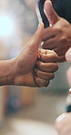 Business people, hands and warehouse with thumbs up for supply chain success or team logistics. Closeup, group or employees with like emoji, yes sign or OK in unity or solidarity for storage service
