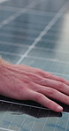 Hands, solar panels and engineer checking for maintenance, repairs or quality control outdoor. Industry, ecology and technician with inspection for renewable energy service with photovoltaic cells.