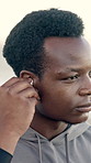 Athlete, man and getting ready with earphones outdoor for running workout, fitness playlist and health. Runner, black person and listening to music album to start cardio, exercise podcast or wellness
