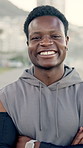 Fitness, happy and face of black man in city with crossed arms for exercise, training and workout outdoor. Sports, smile and portrait of person for challenge, health and active hobby for wellness