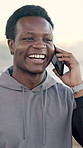 Fitness, phone call and black man in city talking for exercise, training and workout outdoor. Sports, happy and person on smartphone for contact, chat and connection for rest, break and wellness