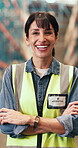Logistics, face of woman or arms crossed in warehouse for inventory control, shipping or about us. Distribution manager, mature person or laugh in storage facility for operations management or export