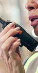 Hands, woman and logistics with radio in warehouse for discussion, inventory and shipping. Person, mouth and communication for inspection agenda, supervisor instructions and feedback for distribution