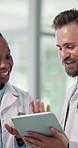 Hospital, doctors and team with tablet, discussion and medical report for treatment plan and meeting. Clinic, healthcare workers and collaboration with diagnosis on website, talk and people with tech