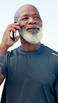 Phone call, fitness and mature black man outdoor for running with communication or connectivity. Cellphone, sports and African male person on mobile conversation for cardio, workout or exercise.
