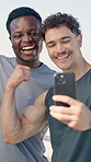 Active, friends and smile outdoor with selfie for social media post, flex muscles and bonding together. Happy, people and strong with fitness app profile picture, connection and support for wellness.
