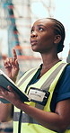 Black woman, counting and tablet for logistics in warehouse for stock check, inventory and supply chain. Person, digital and review for inspection, export report and cargo information on distribution