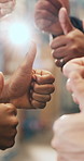Hands, circle and thumbs up at warehouse for logistics with teamwork, gesture or support at workplace. People, group and scrum with sign, symbol and collaboration for distribution at storage plant