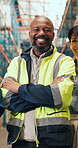 Face, team and man with arms crossed in logistics for inventory control, distribution or about us. Supply chain manager, staff or mature person with laugh in storage facility for warehouse management