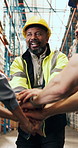 Man, stack hands and team at warehouse for celebration, goals and motivation with logistics career. Mature person, group and excited with applause, success and achievement at distribution plant