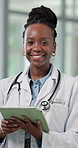 Face, black woman and doctor with tablet in hospital for career pride, medical report and schedule. Portrait, person and digital with about us, telehealth and happy employee for healthcare services