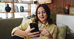 Phone, relax and scrolling with woman on sofa in living room of home for post or update. App, search and social media on mobile with happy person in apartment for break, communication or me time
