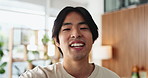 Asian man, face and hello with video call in living room for online chat, communication or conversation. Portrait, student or POV with smile for discussion, virtual talk or contact with relax in home