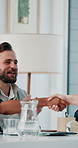 Creative agency, handshake and people in meeting, celebration or agreement for project. Small business, shaking hands or employees in office, teamwork or feedback for proposal, success or partnership