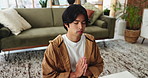 Man, relax and meditation with namaste in home for spiritual wellness, mindfulness or awareness. Calm, male person or zen with breathing exercise for inner peace, balance or healing on floor in house