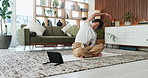 Man, stretching and headphones with tablet on yoga mat for online tutorial or exercise in home. Male person, warm up and virtual guide with technology or workout app for health and wellness tips