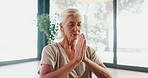 Breathing, meditation and yoga with mature woman in studio for balance, mental health or wellness. Exercise, holistic and zen with person on floor for awareness, inner peace or mindfulness routine