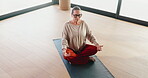 Exercise, meditation and yoga with mature woman in studio for balance, mental health or wellness. Above, mudra and zen with yogi person on floor for awareness, inner peace or mindfulness routine