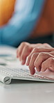 Creative, typing and hands with computer, office and reporter with story draft on website or online. Media, journalist and person with tech for article, editing and newsletter on magazine in newsroom