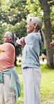 Senior women, fitness and stretching with group in park for physical activity or outdoor exercise. Elderly, female people or class with team or body warm up for health and wellness together in nature