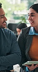 Review, praise or happy people with tablet in digital agency, software proposal or update plan success. Tech, programming feedback or manager talking with staff for maintenance, compliment or laugh