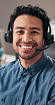 Happy, headset and face of businessman in office with pride for call center career with support. Smile, mic and portrait of customer service consultant with crm on online consultation in workplace.