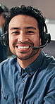 Smile, headset and face of businessman in office with pride for call center career with support. Happy, mic and portrait of customer service consultant with crm on online consultation in workplace.