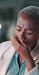 Yawn, fatigue and night with business black woman in office for stress, burnout or deadline pressure. Tired, exhausted and overworked with person in agency for mental health, bokeh and project report