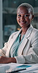 Laugh, face and business with black woman in office for night, public relations deadline and about us. Funny, overtime and pride with pr agent or person in media agency for bokeh and confidence
