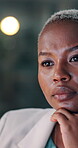 Night, computer and reading with business black woman in office for finance auditor, risk assessment and consultant. Insurance underwriter, overtime review and online broker with person in agency